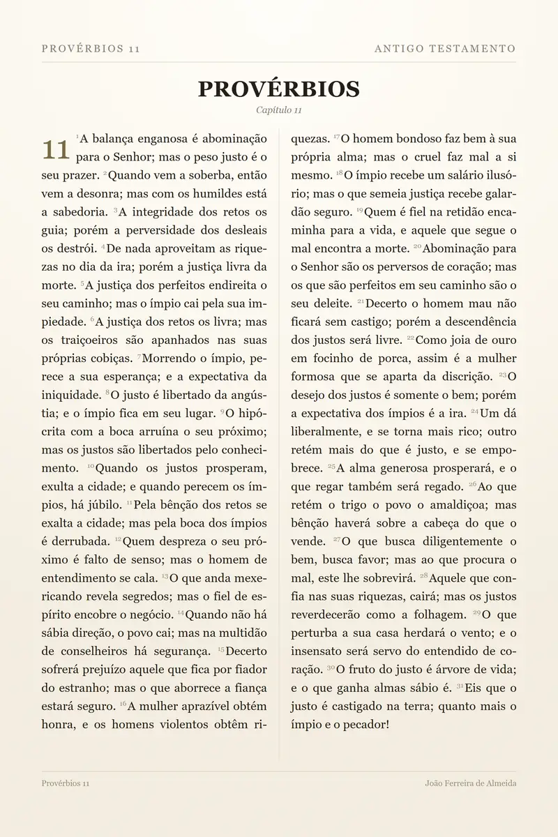 Provérbios capítulo 11 em texto corrido, nas duas colunas de uma página de Bíblia