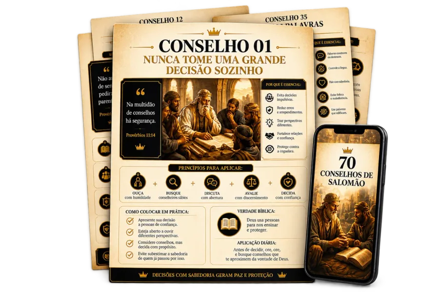 Páginas dos 70 Conselhos de Salomão em leque, com a versão digital no celular